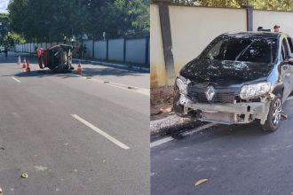 Vídeo: carro de aplicativo capota após grave colisão em avenida de Manaus