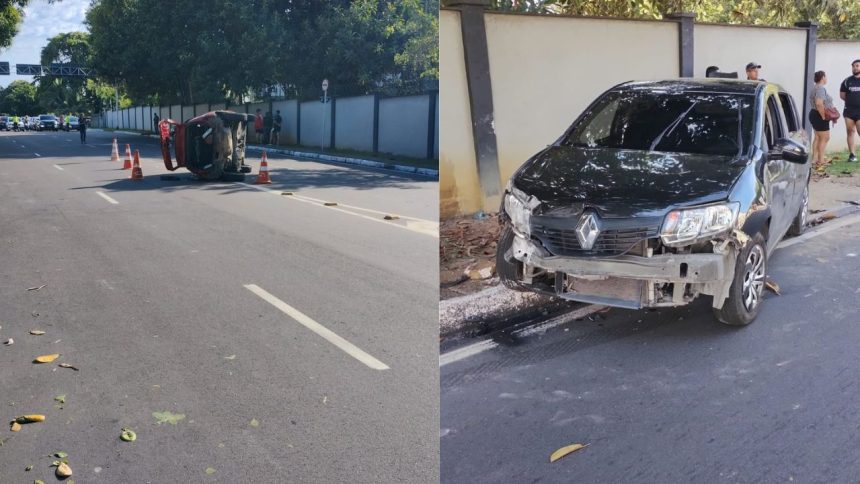 Vídeo: carro de aplicativo capota após grave colisão em avenida de Manaus
