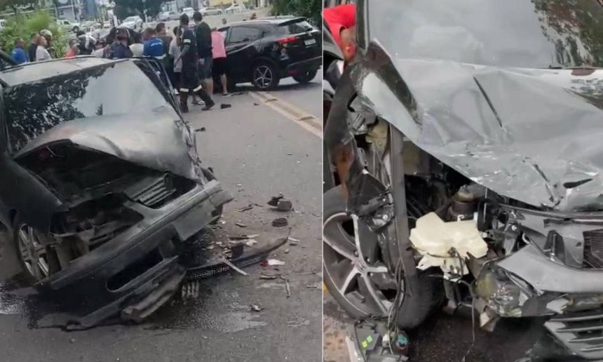 Acidente de trânsito na ponte Educandos-Cachoeirinha: carro destruído.