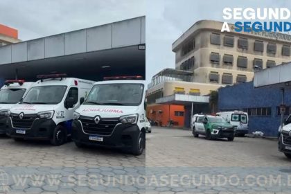 Ambulâncias estacionadas em frente ao Hospital Platão Araújo, em Salvador, após transferência de pacientes da UTI devido a um furto de cabos.