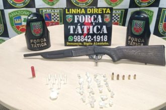 Apreensão de armas e drogas pela Força Tática após confronto entre facções criminosas.
