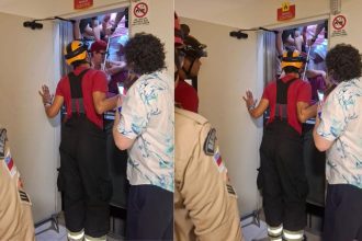 Bombeiros do Amazonas resgatam turistas presos em um elevador.