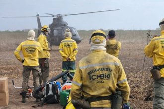 Brigadistas do ICMBio, com uniformes amarelos, observam um helicóptero durante operação de combate a incêndios florestais.