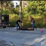 Corpos de policiais forenses carregando um caixão preto próximo a um veículo do IML, com uma motocicleta caída e cones laranja no chão.