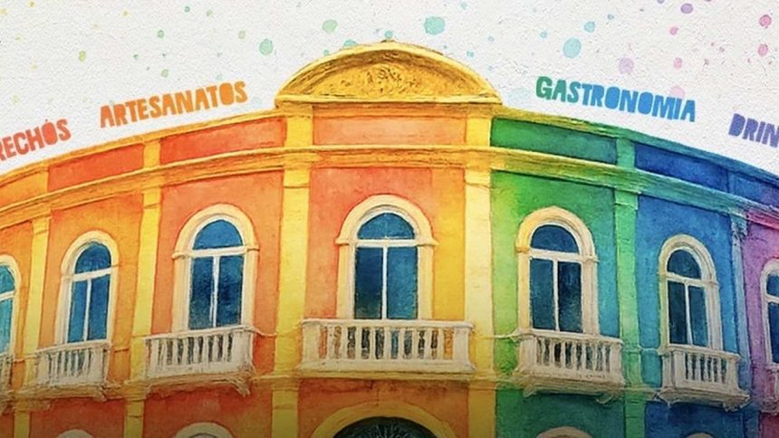 Fachada colorida de um prédio com detalhes em arco, janelas e varandas. A fachada tem o arco decorado com as palavras "Artesanatos", "Gastronomia", "Bebidas" e "Receitas", em destaque.