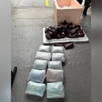 Foto de apreensão de drogas: 10 tabletes de entorpecentes envoltos em plástico transparente e outros pacotes menores.