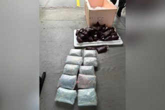 Foto de apreensão de drogas: 10 tabletes de entorpecentes envoltos em plástico transparente e outros pacotes menores.