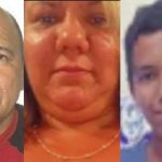 Foto de um homem com a cabeça raspada e barba, de uma mulher com cabelos loiros e um homem com cabelos escuros. Eles são os suspeitos de um crime.