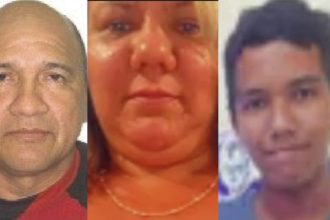 Foto de um homem com a cabeça raspada e barba, de uma mulher com cabelos loiros e um homem com cabelos escuros. Eles são os suspeitos de um crime.