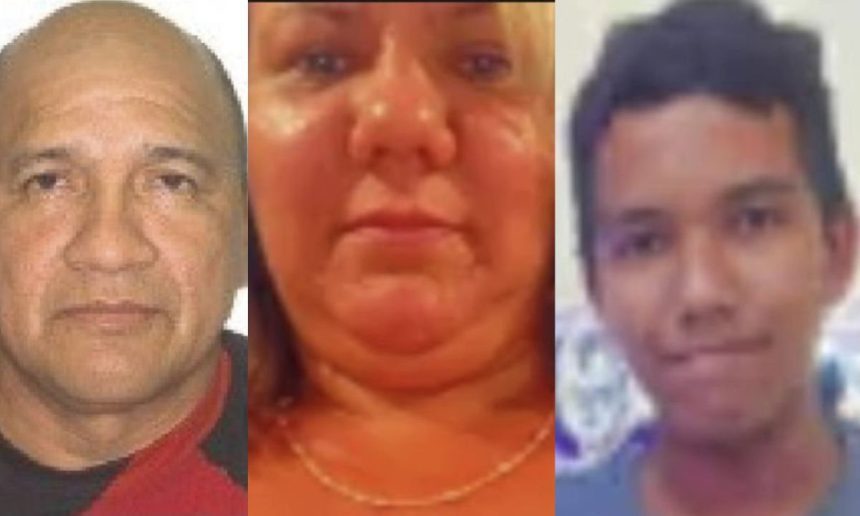 Foto de um homem com a cabeça raspada e barba, de uma mulher com cabelos loiros e um homem com cabelos escuros. Eles são os suspeitos de um crime.