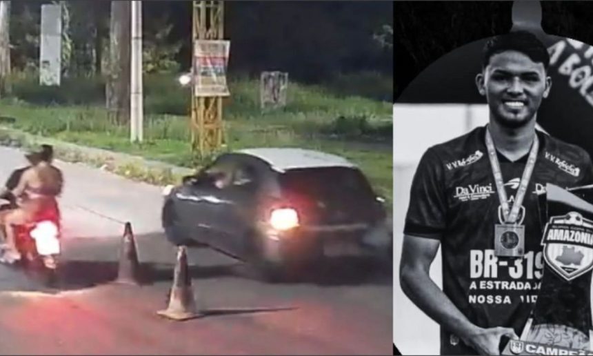 Jogador de futebol Ezequias Júnior Vieira, de 19 anos, em foto e segurando um troféu, ao lado de uma imagem de um carro em movimento em uma rua à noite.