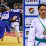 Judoka brasileira Ana Paula Sena, 15 anos, comemora medalha de bronze na Copa Europeia de Judô em Bielsko-Biała, Polônia.
