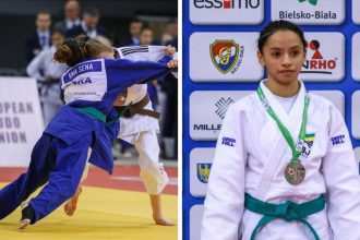 Judoka brasileira Ana Paula Sena, 15 anos, comemora medalha de bronze na Copa Europeia de Judô em Bielsko-Biała, Polônia.