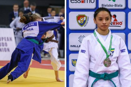 Judoka brasileira Ana Paula Sena, 15 anos, comemora medalha de bronze na Copa Europeia de Judô em Bielsko-Biała, Polônia.
