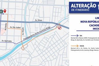 Mapa que mostra o novo itinerário da linha de ônibus 624, em Manaus, que passa a atender a avenida Lourenço da Silva Braga.