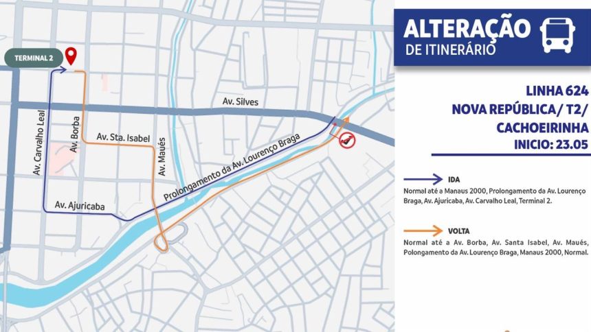 Mapa que mostra o novo itinerário da linha de ônibus 624, em Manaus, que passa a atender a avenida Lourenço da Silva Braga.