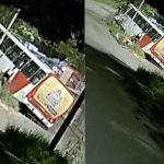 Ônibus branco e vermelho, com publicidade, colide com uma árvore em um canteiro central.