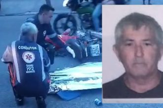 Socorristas atendem a um motociclista acidentado em uma rua, enquanto uma foto do idoso falecido, Josué Moreira de Albuquerque, é exibida.