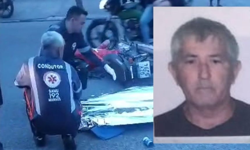 Socorristas atendem a um motociclista acidentado em uma rua, enquanto uma foto do idoso falecido, Josué Moreira de Albuquerque, é exibida.