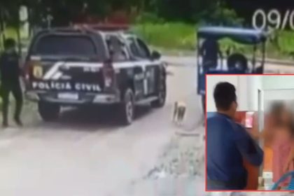 Três guardas municipais em Tefé, Amazonas, são flagrados em possível situação de abuso de autoridade. Um deles segura uma mulher, enquanto outro conversa com ela.