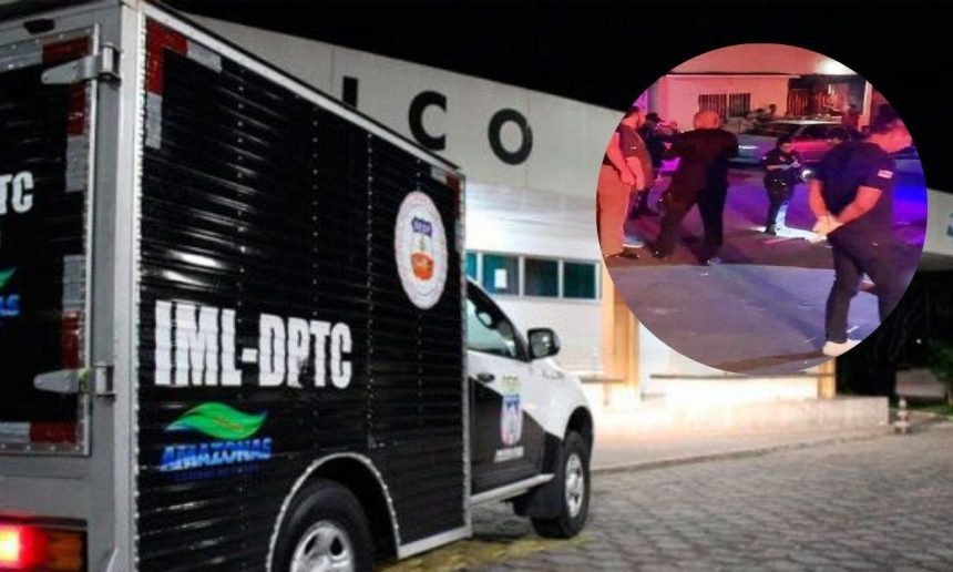 Um caminhão preto da IML-DPTC com a inscrição "Amazonas" estacionado em frente a um prédio, com uma cena de crime sendo investigada por policiais em segundo plano.