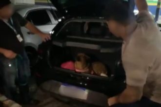Um homem tenta tirar um cachorro de dentro do porta-malas de um carro durante uma perseguição policial.