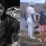 Uma jovem de 13 anos, vítima fatal de um acidente, sendo socorrida em uma rua, com pessoas ao redor.