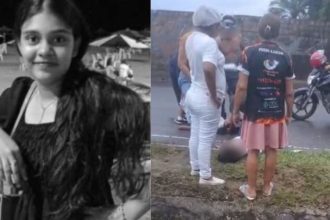 Uma jovem de 13 anos, vítima fatal de um acidente, sendo socorrida em uma rua, com pessoas ao redor.