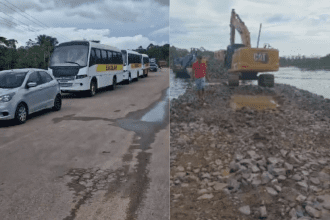 Imagem colorida mostra trechos de vídeos onde é possível ver obras na ponte sobre o rio Curuçá neste domingo (01/06)