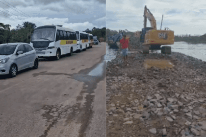 Imagem colorida mostra trechos de vídeos onde é possível ver obras na ponte sobre o rio Curuçá neste domingo (01/06)