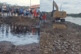 Imagem colorida mostra aterro sobre o rio Curuçá colapsado