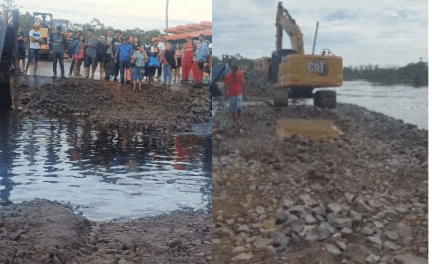 Imagem colorida mostra aterro sobre o rio Curuçá colapsado