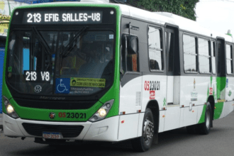 Imagem colorida mostra ônibus da via verde