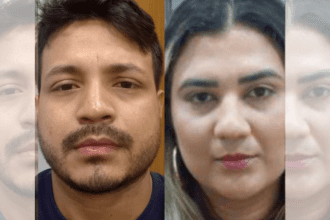 Imagem colorida mostra dupla procurada por suposto crime de estelionato