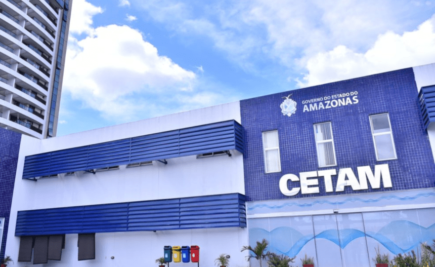 Imagem colorida mostra fachada de prédio do Cetam