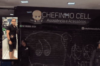 Imagem colorida mostra Fachada do local e foto da vítima no Manoa