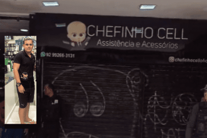 Imagem colorida mostra Fachada do local e foto da vítima no Manoa