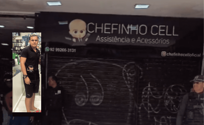 Imagem colorida mostra Fachada do local e foto da vítima no Manoa