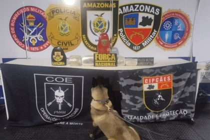 Imagem colorida mostra cadela Athena com material apreendido em saca de farinha