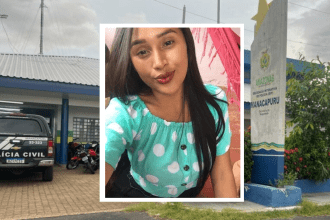 Ilustração mostra mulher procurada em moldura em frente a delegacia de polícia em Manacapuru, Amazonas.