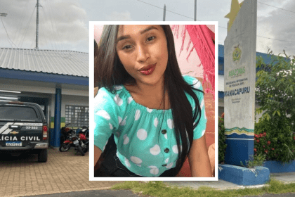 Ilustração mostra mulher procurada em moldura em frente a delegacia de polícia em Manacapuru, Amazonas.