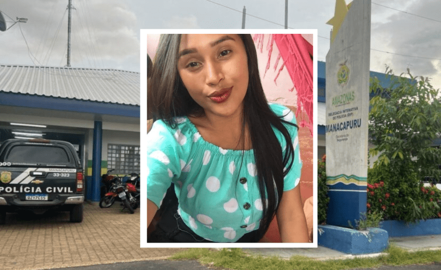 Ilustração mostra mulher procurada em moldura em frente a delegacia de polícia em Manacapuru, Amazonas.