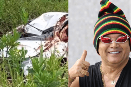 Imagem colorida mostra imagem do carro de Wanderley Andrade após acidente e Wanderley Andrade sorrindo