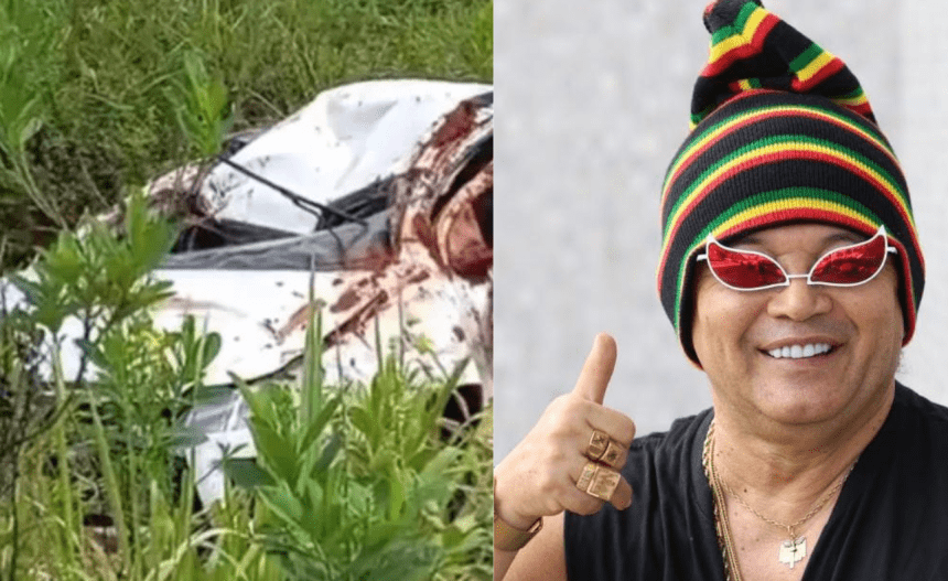 Imagem colorida mostra imagem do carro de Wanderley Andrade após acidente e Wanderley Andrade sorrindo