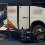 Acidente entre motocicleta e ônibus registrado por câmera de segurança.