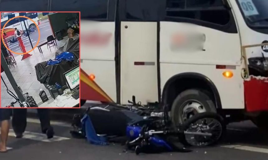 Acidente entre motocicleta e ônibus registrado por câmera de segurança.
