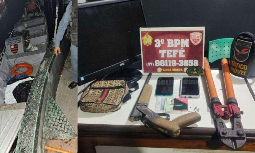 Apreensão de armas, celulares, e outros itens após confronto com 'piratas do rio' em balsa.