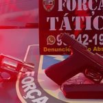 Armas apreendidas: revólver e pistola sobre superfície, indicando apreensão policial.