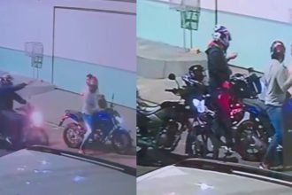 Assalto a motociclista e passageiro em São Jorge, mostrando assaltantes armados em motocicletas.