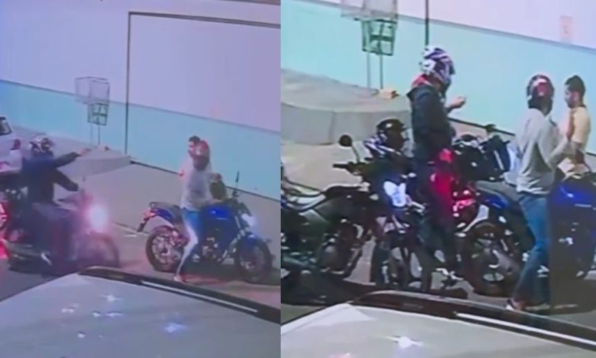 Assalto a motociclista e passageiro em São Jorge, mostrando assaltantes armados em motocicletas.